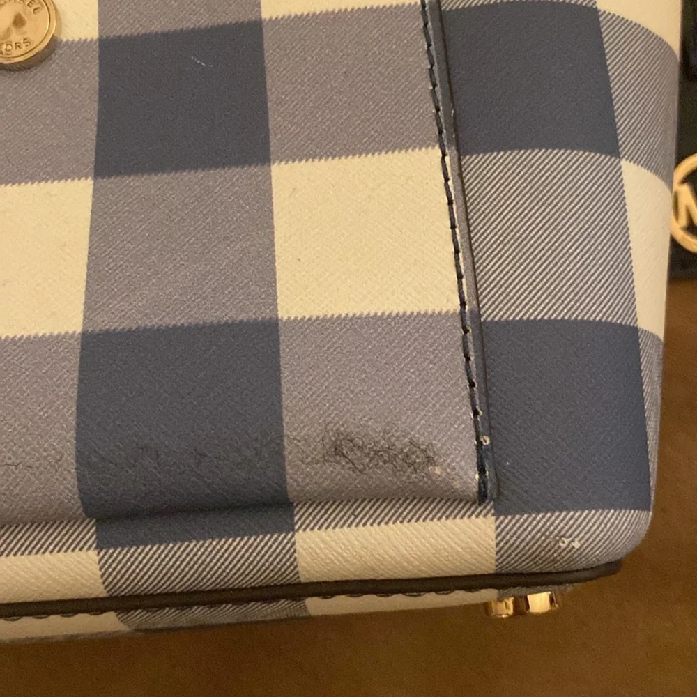 Michael Kors Small Gingham Bucket Bag White and Blue